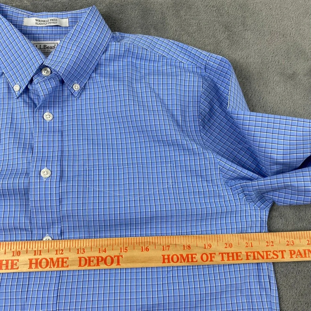 LL Bean Mens 15.5-33 Button Down Shirt Blue Check Wrinkle Free Slightly Fitted